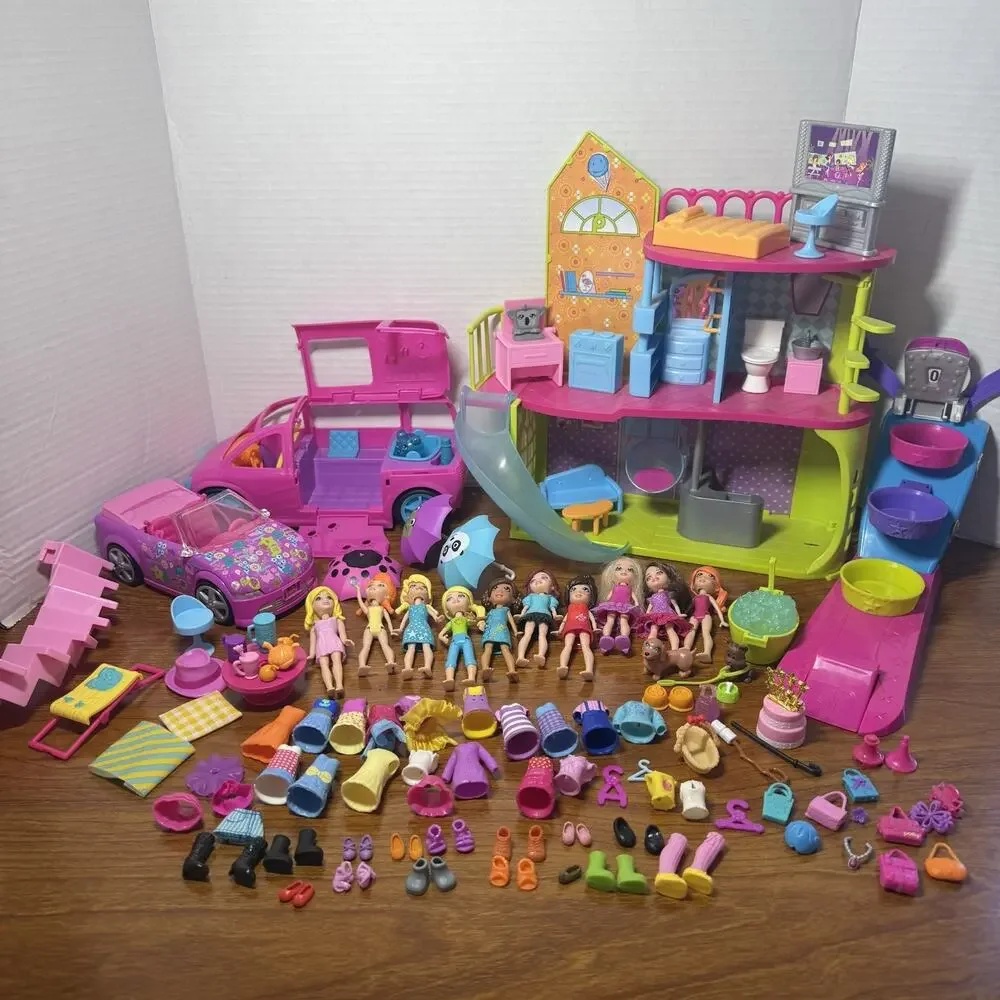 Huge LOT Polly Pocket Mixed Play Set Dolls Cars Furniture & Accessories